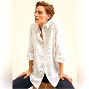 NWT MANGO (MNG) CAMISA Oversized White Eyelet Button Down Shirt Size 4